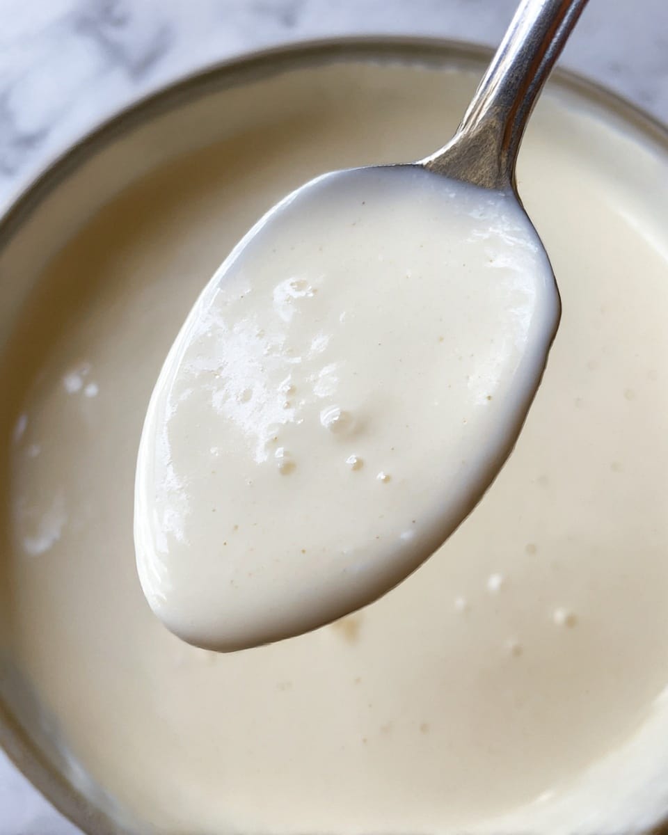 A close-up view of a silver spoon filled with thick, creamy white sauce showing small bubbles and smooth texture, held over a bowl filled with the same creamy mixture. The background features a white marbled texture, emphasizing the color and creamy texture of the sauce. The spoon is centered in the image with the sauce slightly dripping from its edge. photo taken with an iphone --ar 4:5 --v 7
