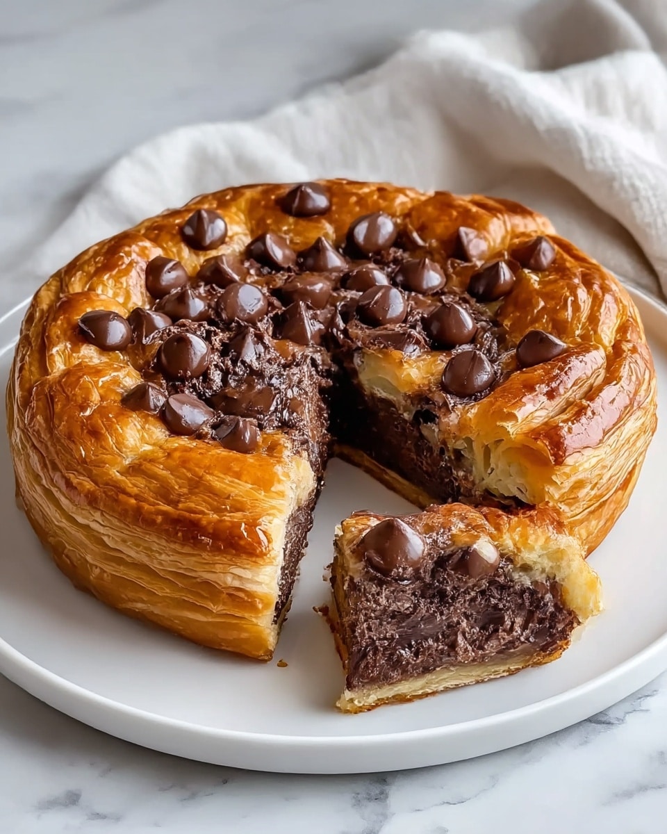 A golden brown puff pastry tart with visible flaky layers on the outer edge surrounds a thick filling in the center. The filling is dark chocolate with small crispy bits mixed evenly throughout, giving a crunchy texture. On top of the filling, there are evenly spaced chocolate chips, some melted slightly and some holding their shape, adding a glossy finish. The tart sits on a clean white plate, which rests on a white marbled textured surface. A woman's hand is gently holding the back side of the plate. Photo taken with an iphone --ar 4:5 --v 7
