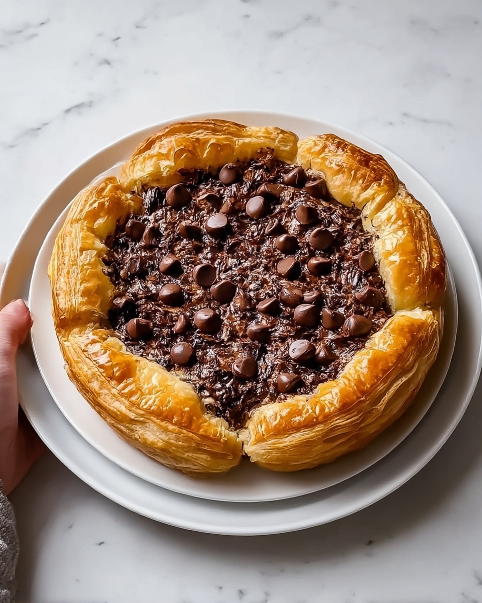 A golden brown, flaky pastry with a round shape, showing many layers of crispy dough around the edges. The center is filled with a thick, dark chocolate mixture with a slightly chunky texture, and it is topped with glossy, large chocolate chips scattered evenly on the surface. The pastry is placed on a white plate, set on a white marbled surface with a soft white cloth nearby. A slice is cut out, revealing the rich chocolate filling inside. Photo taken with an iphone --ar 4:5 --v 7