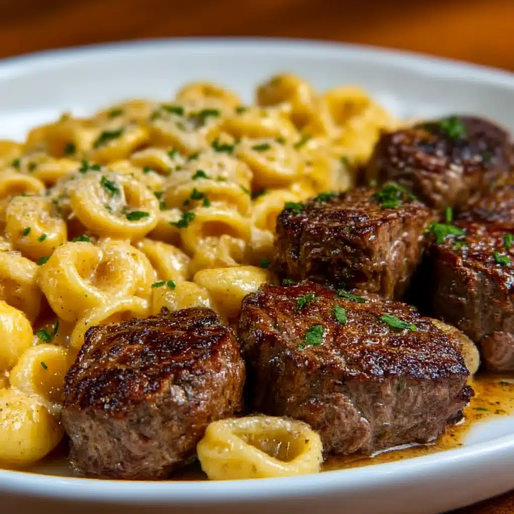Cajun Steak Bites and Cheesy Garlic Shells Skillet Recipe - Recipe Image