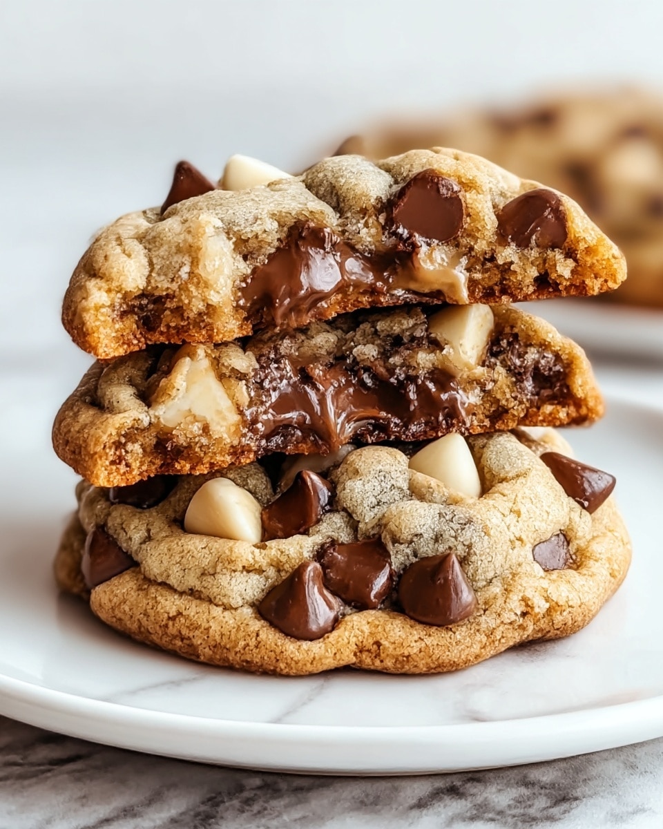 The image shows two chocolate chip cookies stacked on a white plate with a white marbled surface underneath. The bottom cookie is whole but slightly broken, revealing a soft, chewy interior filled with melty dark brown and light beige chocolate chips. The top cookie is broken in half and balanced on the bottom cookie, showing its crumbly but moist texture packed with the same mix of dark brown and beige chocolate chips, with some chips standing out prominently on the surface. The close-up view highlights the texture contrast between the cookie’s golden-brown edges and its gooey center. Photo taken with an iphone --ar 4:5 --v 7