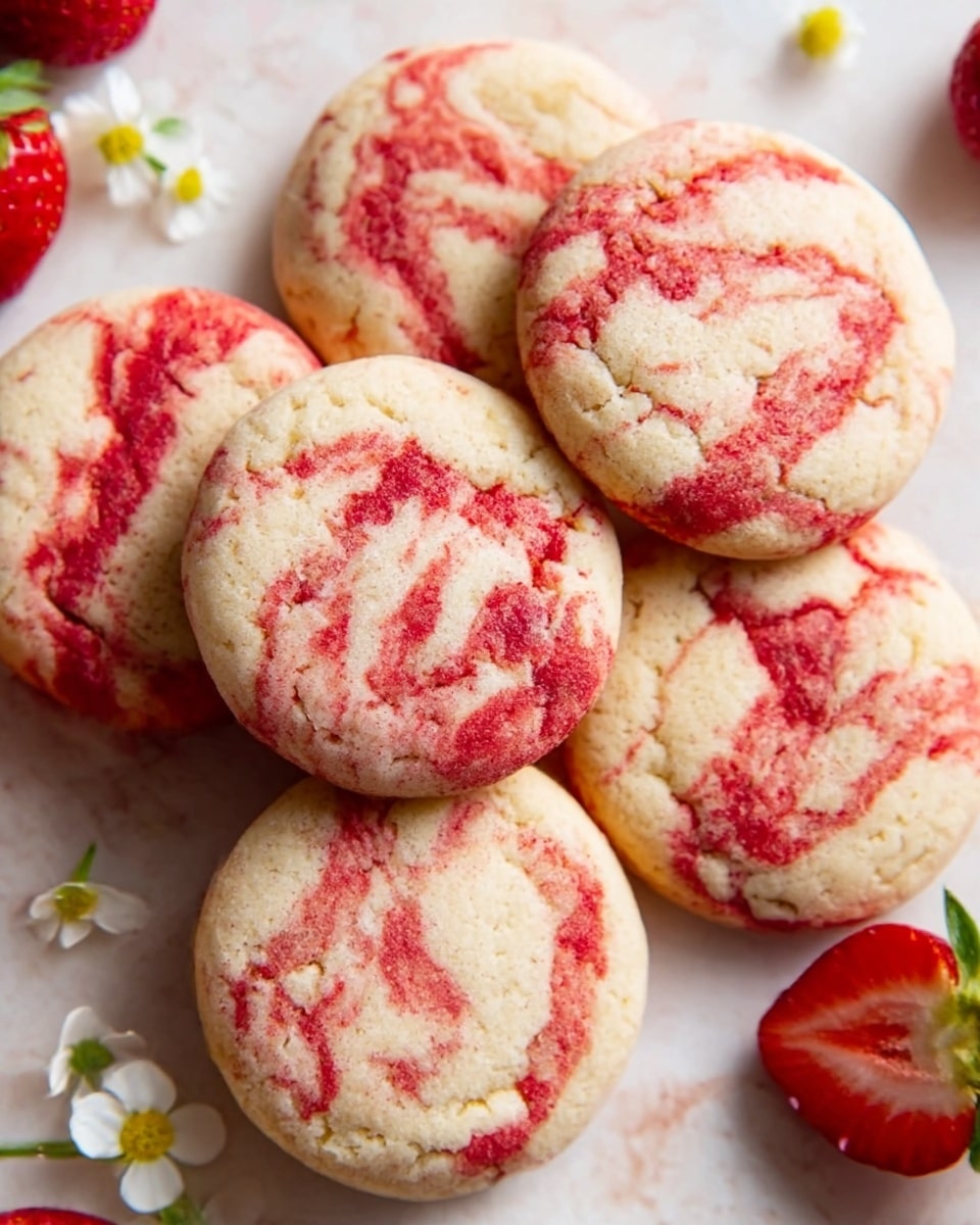 The image shows a group of round cookies with a marbled pattern of white and pink-red swirls. The cookies are arranged closely on a white marbled surface. Small white daisy flowers with yellow centers are scattered around the cookies, adding a fresh, decorative touch. At the edge of the image, some fresh strawberries with bright red color and green leaves are visible. photo taken with an iphone --ar 4:5 --v 7