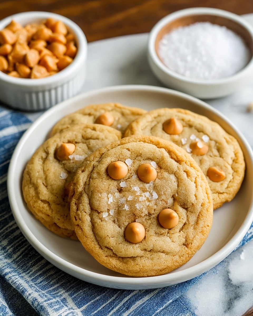 A close-up view of three large, round cookies arranged overlapping on a white plate, each cookie golden brown with a slightly bumpy texture, dotted with smooth, shiny orange butterscotch chips and sprinkled lightly with coarse white salt flakes on top. The plate sits on a white marbled surface with a blue and white striped cloth partially visible at the bottom right corner, a small bowl of coarse salt and another small bowl filled with orange butterscotch chips are out of focus in the background. photo taken with an iphone --ar 4:5 --v 7