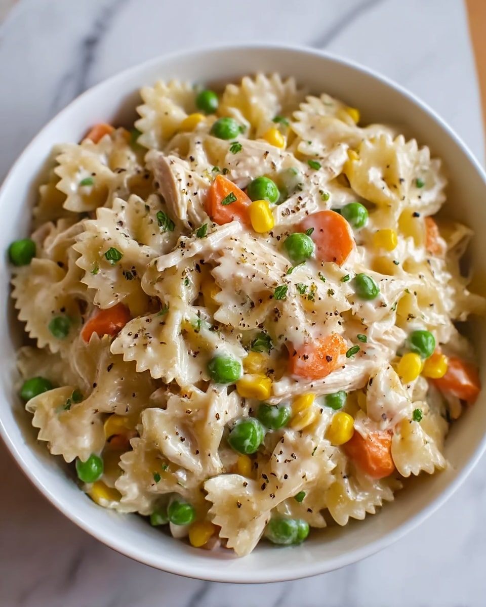 The image shows a white bowl filled with creamy pasta mixed with shredded chicken and colorful vegetables. The pasta is pale yellow with a soft texture, layered with tender pieces of white chicken. Bright orange carrot slices, green peas, and small yellow corn kernels are spread evenly throughout the dish. The creamy sauce coats all the ingredients, giving a smooth, shiny look, and the top is sprinkled with chopped green herbs and black pepper for contrast. The bowl sits on a white marbled surface. photo taken with an iphone --ar 4:5 --v 7