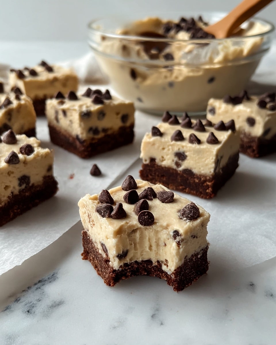 A close-up of a dessert bar with two visible layers, the bottom layer is a dark brown dense brownie, and the top layer is a thick, creamy cookie dough with many small dark chocolate chips mixed throughout, topped with a few whole chocolate chips. One dessert bar in the front has a bite taken out, showing the soft texture of both layers. Several similar dessert bars sit in the background on white parchment paper, with a glass bowl filled with the same cookie dough and a wooden spoon slightly out of focus behind them, all placed on a white marbled surface. photo taken with an iphone --ar 4:5 --v 7