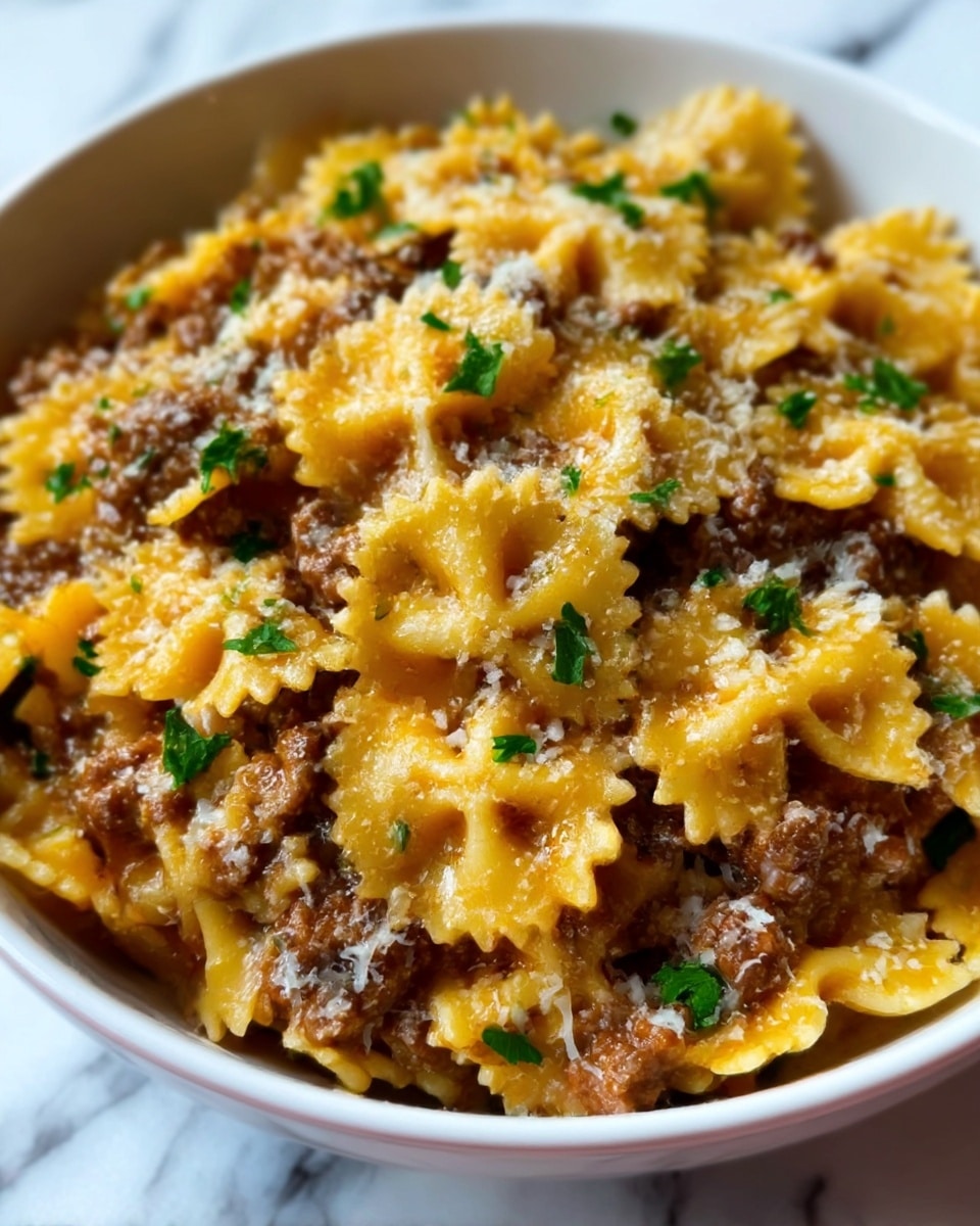 A close-up image of a white bowl filled with farfalle pasta covered in a thick, brown meat sauce mixed throughout the noodles. The pasta is golden-yellow with a slightly glossy texture, and the sauce has a chunky, dense appearance scattered evenly between the pasta pieces. Small green parsley leaves are sprinkled on top, adding a bright contrast to the warm colors of the pasta and sauce. The bowl rests on a white marbled surface, and the overall look is warm and inviting with a slight shine reflecting off the sauce and pasta. Photo taken with an iphone --ar 4:5 --v 7