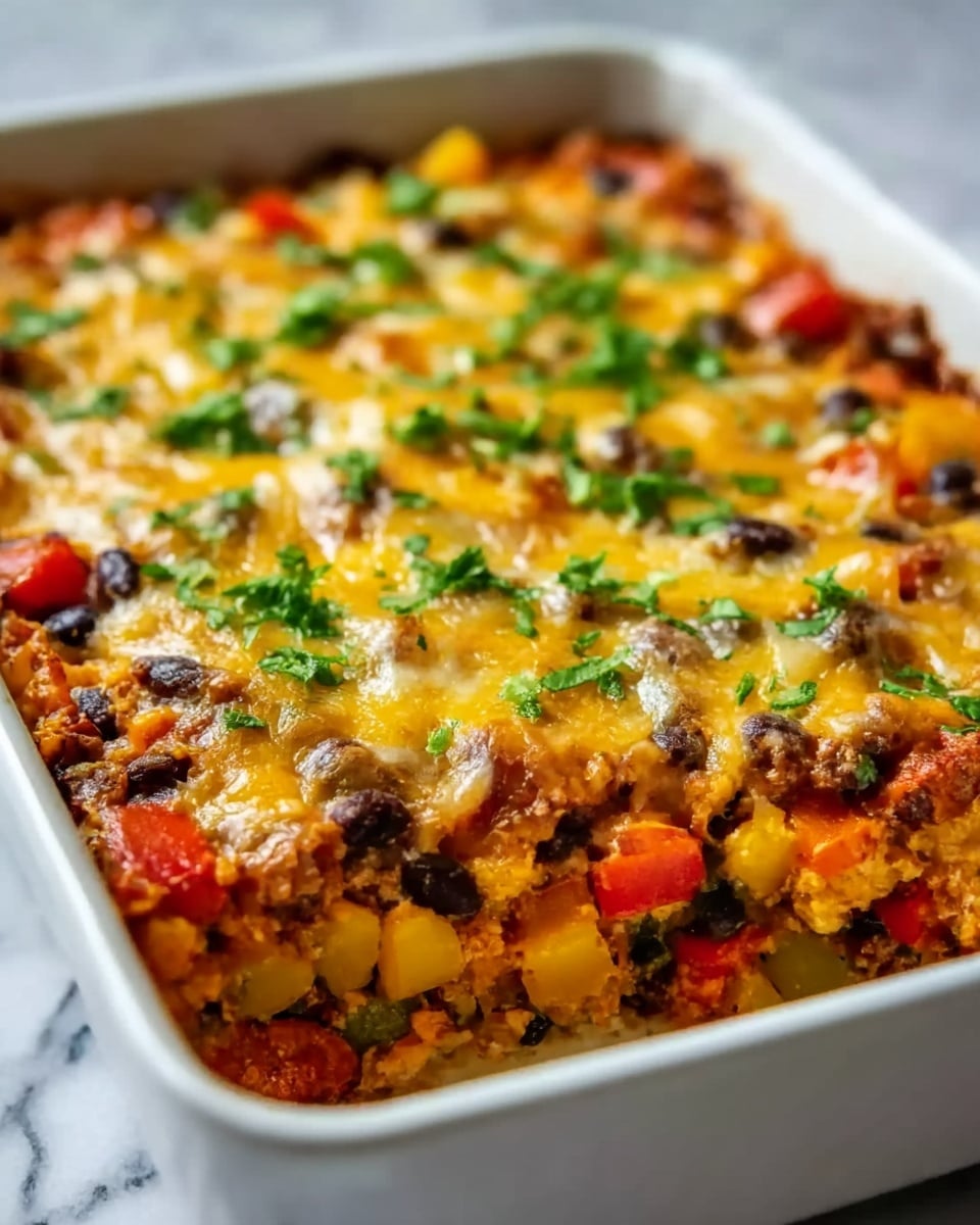 The image shows a baked casserole in a white rectangular dish, with three visible layers. The bottom layer is a mixture of cooked rice and black beans, showing dark and light grains with a soft texture. The middle layer consists of colorful diced bell peppers in red, yellow, and orange, adding bright color and a slightly crunchy texture. The top layer is melted cheese, golden brown and bubbly, sprinkled with chopped green herbs. The dish is set on a white marbled surface. Photo taken with an iphone --ar 4:5 --v 7