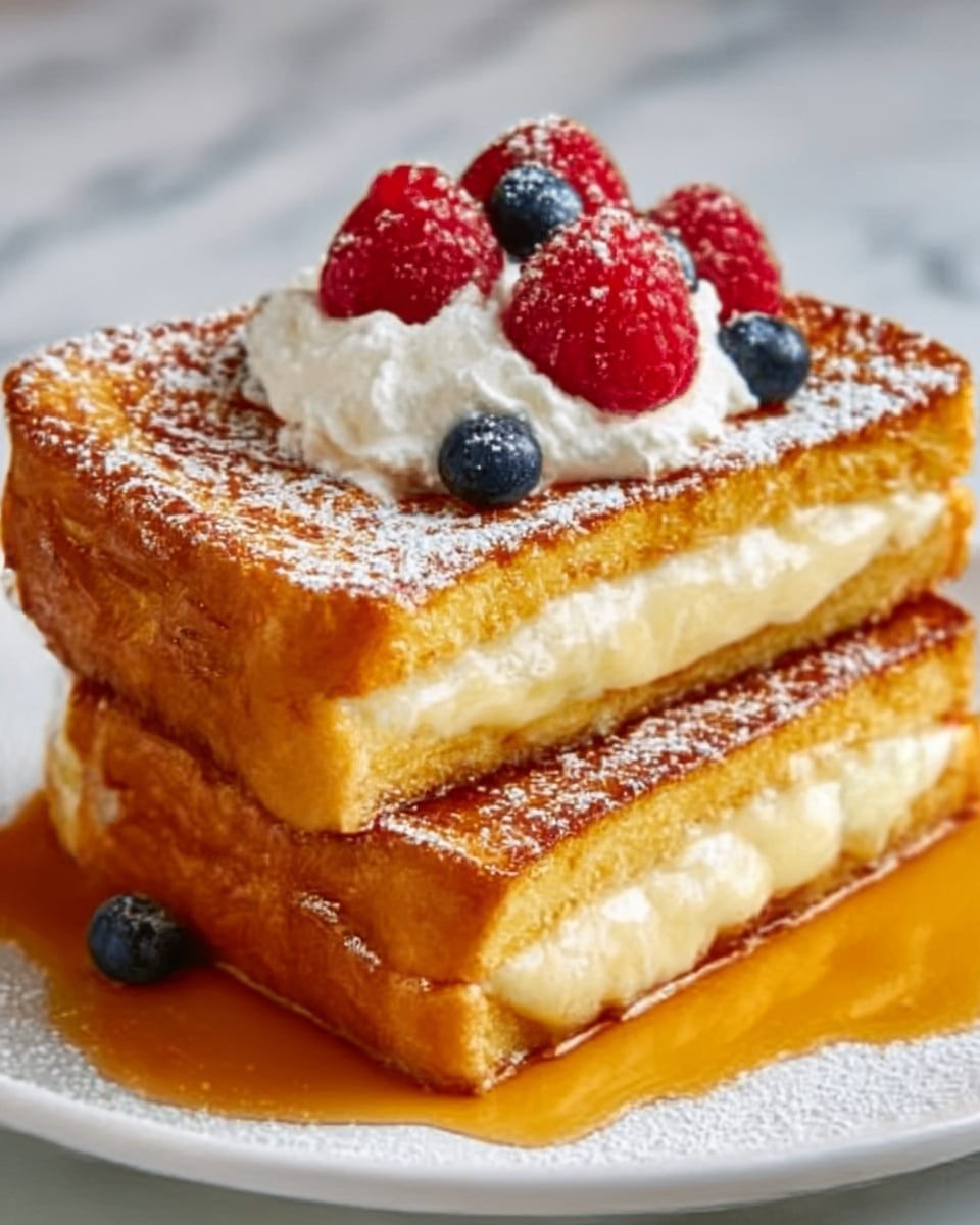 The image shows two thick, golden-brown French toast slices stacked on a white plate with syrup lightly pooling around the base. Each slice is filled with a creamy white layer of custard or cream, visible from the side where the top toast is slightly lifted. The top slice is decorated with a dollop of whipped cream, bright red raspberries, and a couple of blueberries, all dusted with a light sprinkling of powdered sugar. The toast has a crispy, caramelized texture with clear browning and a shiny syrup glaze. The background is a white marbled surface. Photo taken with an iphone --ar 4:5 --v 7