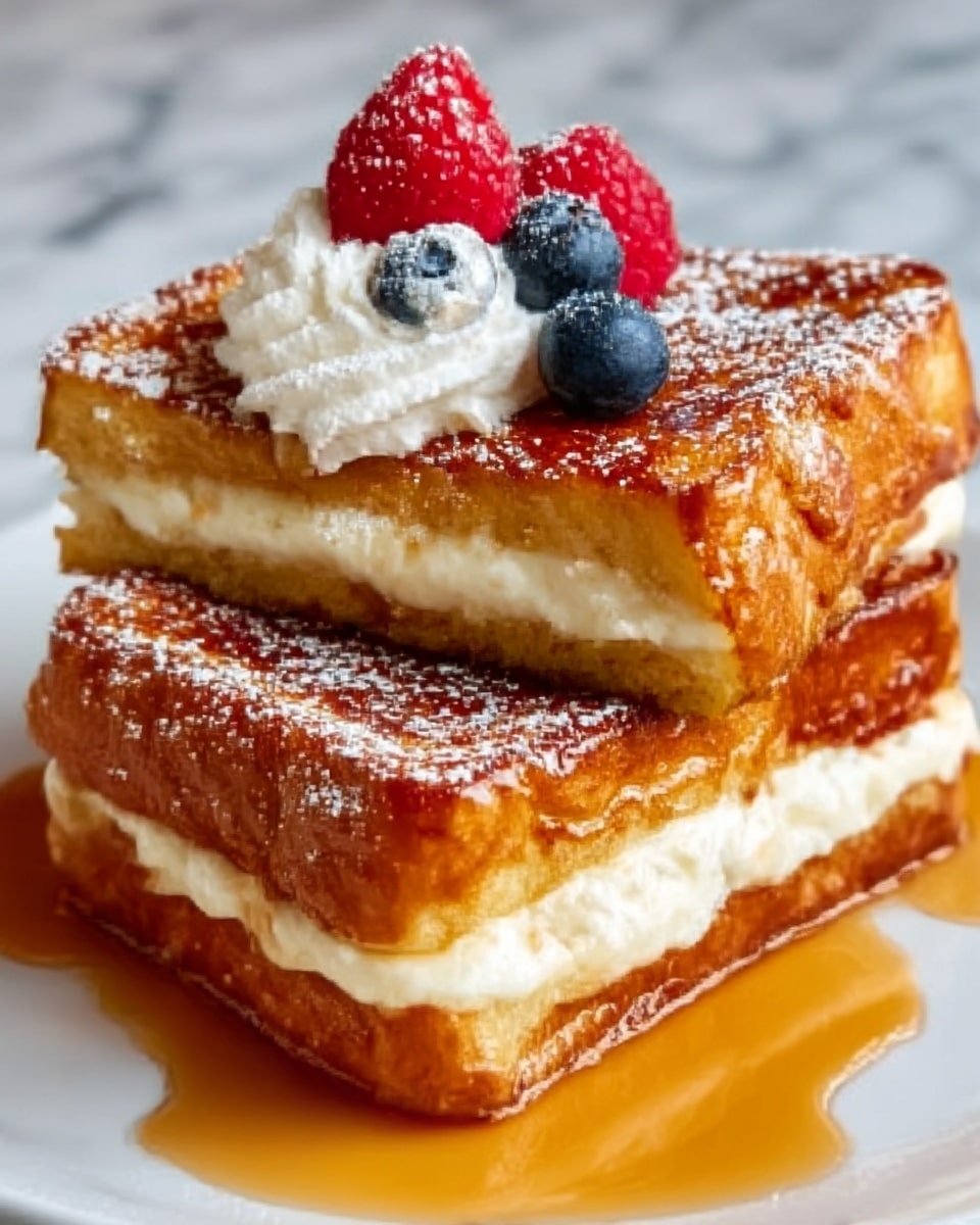 The image shows two thick slices of a golden brown French toast stacked on a white plate with a white marbled surface underneath. Each slice has a creamy, light yellow custard filling that looks smooth and soft, visible where the top slice slightly overlaps the bottom one. The French toast is topped with a dollop of fluffy white whipped cream, fresh red raspberries, and a few dark blue blueberries. The whole dish is lightly dusted with white powdered sugar and has a drizzle of amber-colored syrup pooling around the base. Photo taken with an iphone --ar 4:5 --v 7