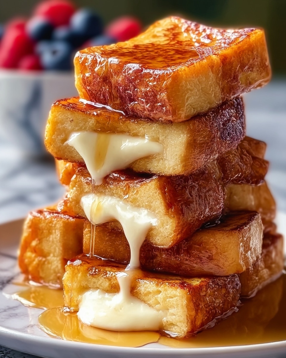 The image shows a stack of six thick, golden-brown French toast pieces arranged tightly on a white plate. The toast slices are labeled with a crispy, caramelized surface that shines with syrup coating each piece. From the middle three layers, creamy white filling oozes out slightly, adding an enticing texture contrast. The syrup pools at the base of the stack and drips down the sides, enhancing the rich look. In the blurry background, a bowl of red and blue berries adds a splash of color. The scene is set on a white marbled surface. photo taken with an iphone --ar 4:5 --v 7