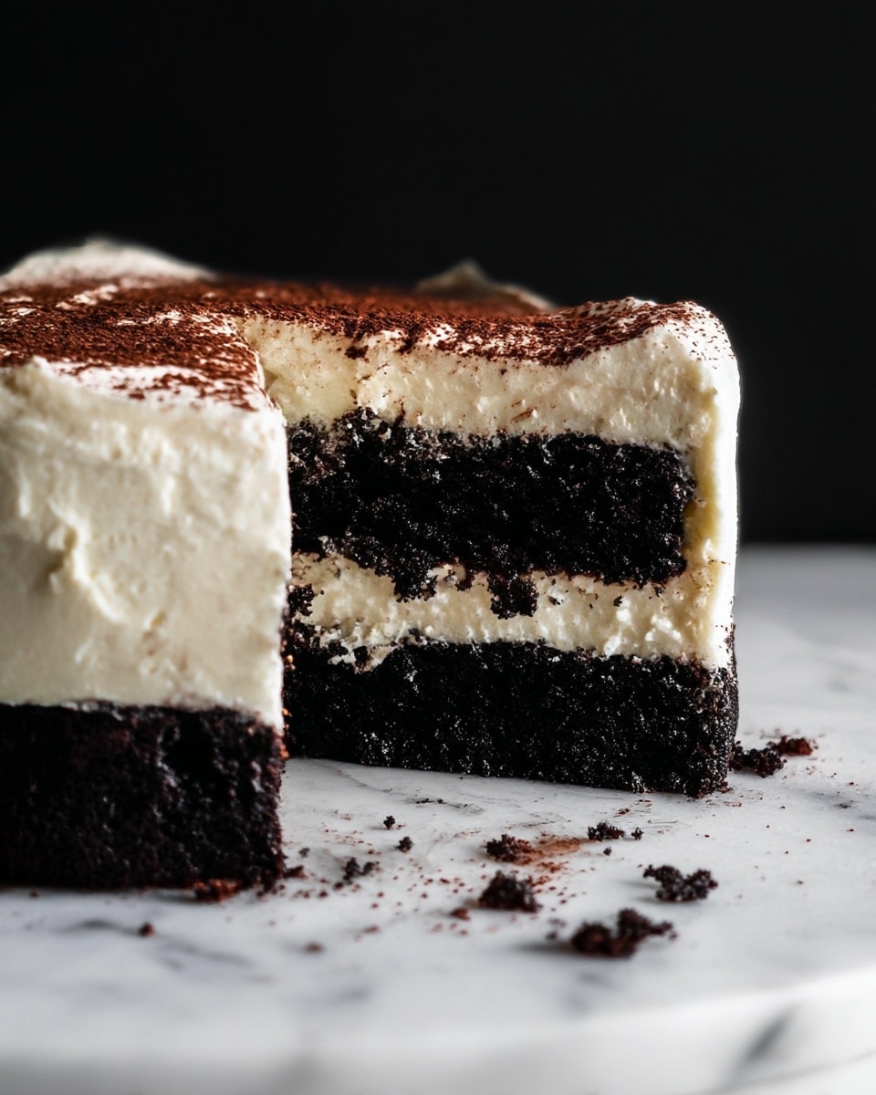 A slice of cake with two visible layers is shown on a white marbled surface. The bottom layer is thick and dark black with a dense, crumbly texture. The top layer is thick and creamy white with light brown streaks, and the surface is dusted unevenly with dark brown cocoa powder. The edge of the cake slice shows some cocoa powder falling onto the white marbled surface around it. Photo taken with an iphone --ar 4:5 --v 7