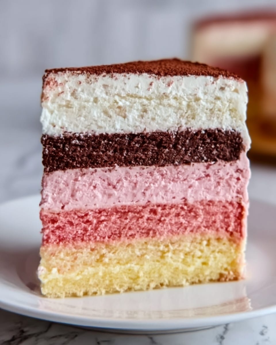 The image shows a slice of layered cake on a white plate with a white marbled surface background. The cake has six layers: the bottom layer is pink and creamy, the second layer is pink and smooth, the third layer is white and fluffy, the fourth layer is dark brown and rich, the fifth layer is light yellow and soft, and the top layer is a thin dark brown dusting. The textures of the layers look soft and moist, with some small crumbs on the plate. Photo taken with an iphone --ar 4:5 --v 7