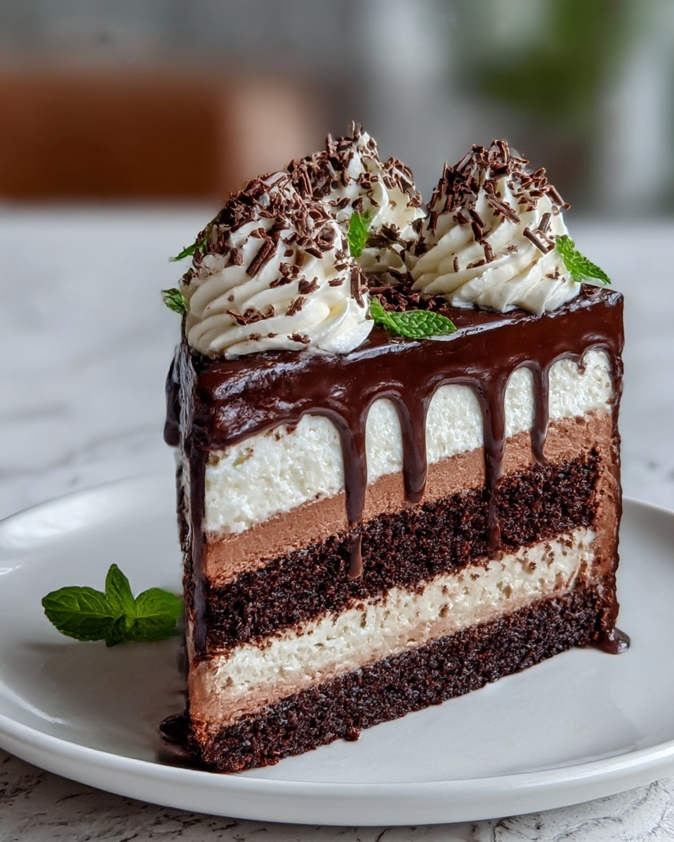 A slice of layered chocolate cake is shown on a white plate, placed on a white marbled surface. The cake has five distinct layers, starting with a dark chocolate cake base, followed by a light brown chocolate mousse layer, then another dark chocolate cake layer. Above this is a white creamy layer, topped again with dark chocolate cake. The topmost layer is glossy dark chocolate ganache, dripping slightly over the edge. Three swirls of white whipped cream with small green mint leaves and chocolate shavings adorn the top. photo taken with an iphone --ar 4:5 --v 7