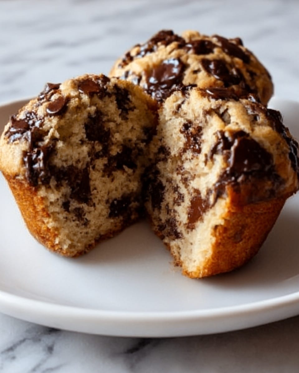 The image shows a close-up of a muffin that is split in half on a white plate. The muffin has a rough, crumbly texture with visible chunks of melted dark chocolate scattered throughout. The outside is golden brown with slightly darker spots where the chocolate melted on top. The muffin's inside is soft and dense, showing uneven pockets of chocolate within the light brown crumb. The plate rests on a white marbled surface. photo taken with an iphone --ar 4:5 --v 7