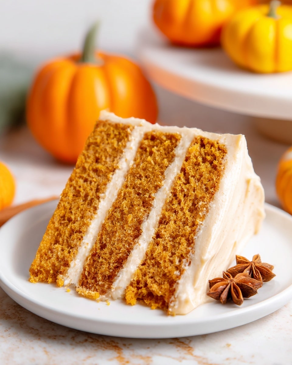 A close-up of a three-layer pumpkin cake slice on a white plate, showing the moist, crumbly orange-brown cake layers separated by thin, creamy white frosting layers. The outside of the cake slice is also coated with the same smooth frosting. In the background, two small orange pumpkins blur softly, adding a fall feel. In the foreground, a tiny decorative pumpkin and some star anise rest on a white marbled surface with a sprinkle of cinnamon powder. The scene looks warm and cozy, perfect for autumn. photo taken with an iphone --ar 4:5 --v 7