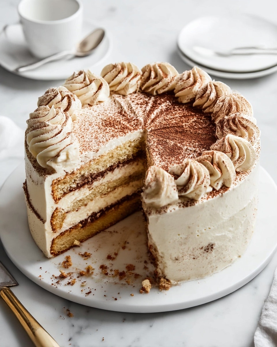 A round cake placed on a white plate sits on a white marbled surface, with one slice removed to show four layers inside. The bottom and second layers are light brown with darker spots, the third layer is creamy brown, and the top layer is covered with smooth white frosting. The cake is coated in white frosting with piped swirls around the top edge and the base, each swirl topped with light dusting of cocoa powder. The center of the cake’s top is half covered in cocoa powder with the other half plain white frosting. In the background, there is a white cup and saucer along with a white plate holding a piece of chocolate and a metallic spoon. photo taken with an iphone --ar 4:5 --v 7