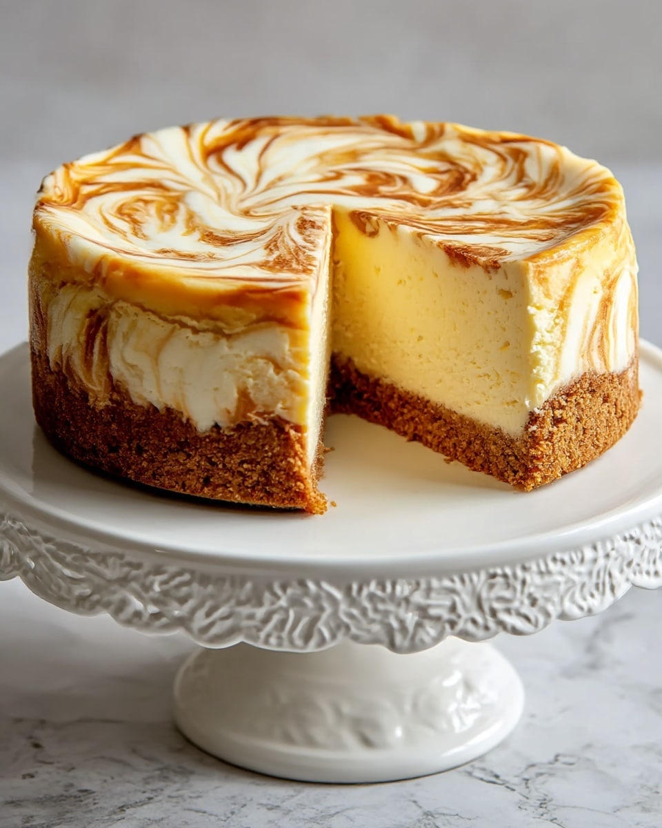 A round cheesecake with three visible layers sits on a white plate with delicate curls on its edge. The bottom layer is a thick, crumbly brown crust. The middle layer is a thick, creamy, light yellow cheesecake filling with a smooth texture. The top layer has an artistic swirl pattern of caramel brown and white, giving it a glossy, marbled look. A slice has been cut out, showing the creamy inside of the cake. The cake and plate rest on a white marbled surface. photo taken with an iphone --ar 4:5 --v 7