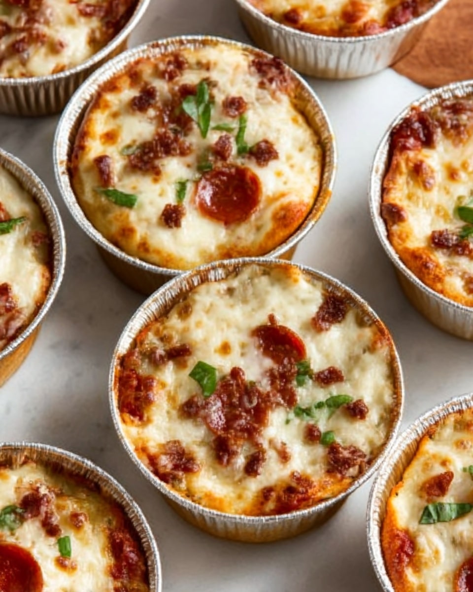 The image shows multiple small round white bowls filled with mini deep-dish pizzas. Each pizza has a golden brown crust, a thick layer of melted cheese on top that is slightly browned in spots, and reddish-brown pepperoni slices scattered throughout. Small green basil leaves are placed on the cheese as garnish. The bowls are arranged closely together on a white marbled surface. The cheese looks bubbly and gooey with some areas showing toasted edges. photo taken with an iphone --ar 4:5 --v 7