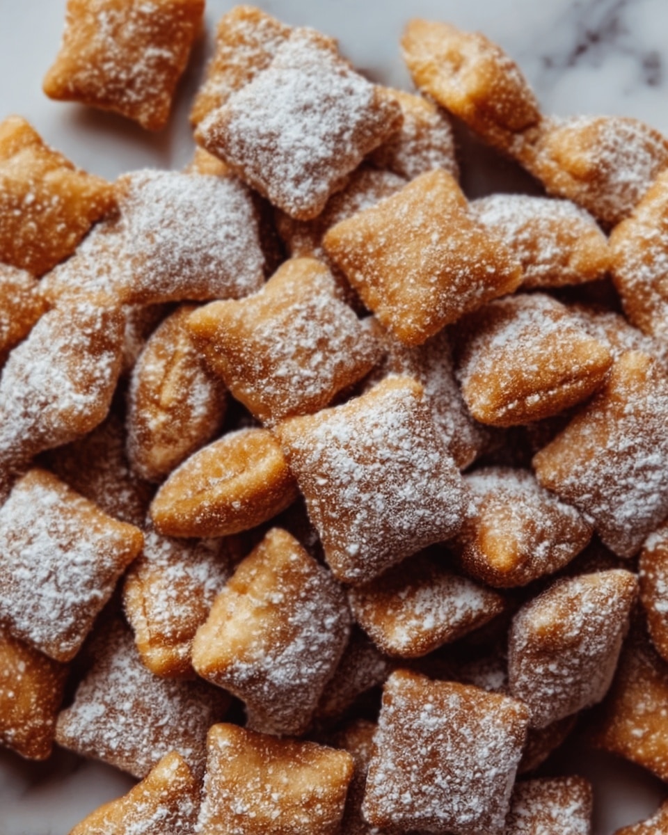 The image shows many small, square-shaped pieces of fried dough stacked closely together, each piece coated with a layer of powdered sugar that gives them a soft, snowy look. The dough pieces have a golden-brown color with slightly uneven, crispy edges and a smooth yet textured surface. The background is a white marbled texture, adding a clean and bright contrast to the warm tones of the fried dough. Photo taken with an iphone --ar 4:5 --v 7