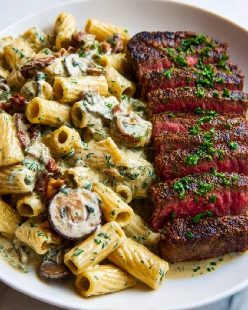 Cheesy Cajun Garlic Butter Steak with Creamy Rigatoni Recipe
