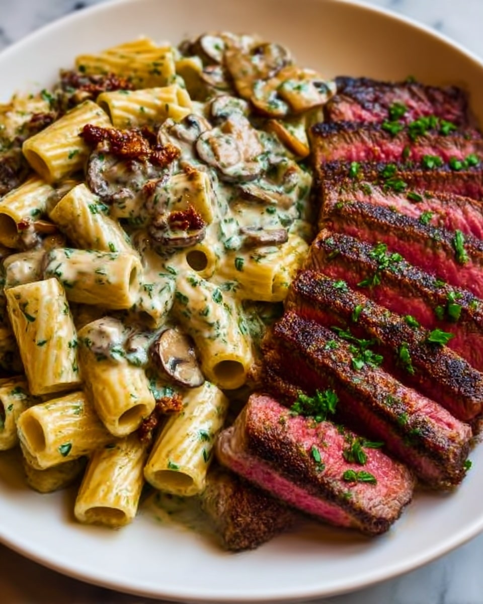 The dish shows a white plate filled with three main layers. On the right side, there is a thick, juicy piece of steak cooked medium rare, with a brown seared crust and pink center, garnished with chopped green herbs on top. On the left side, the pasta layer consists of rigatoni coated in creamy white sauce with visible pieces of sautéed mushrooms and herbs mixed in. The textures contrast between the tender meat and soft, saucy pasta. The white marbled surface under the plate adds a clean, bright background. photo taken with an iphone --ar 4:5 --v 7