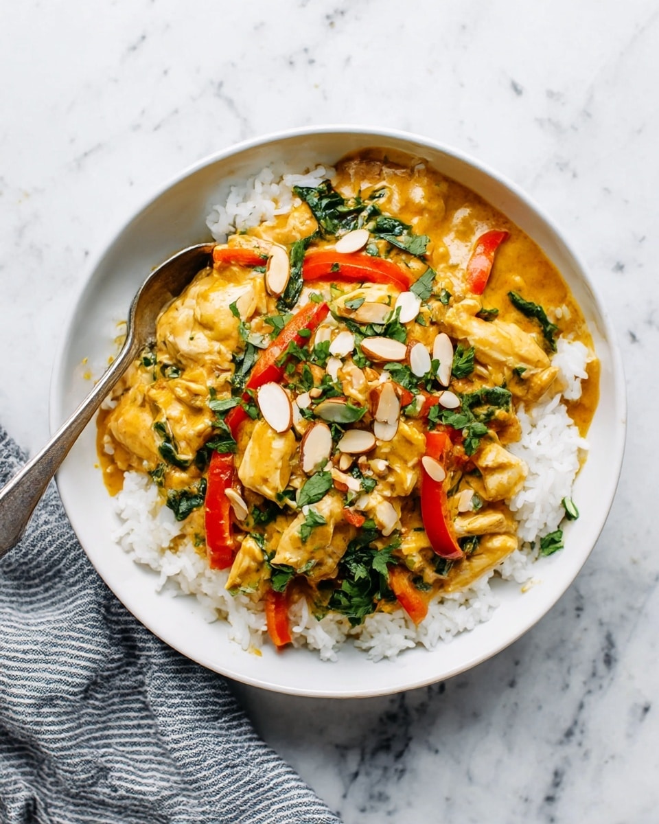 A white bowl filled with three layers: the bottom layer is white rice with a soft texture, the middle layer is a creamy orange curry sauce, and the top layer contains pieces of cooked chicken, bright red bell pepper slices, green spinach leaves, and sprinkled chopped peanuts, giving a mix of smooth, tender, and crunchy textures. A spoon is placed inside the bowl on the left side, resting on the rice. The bowl sits on a white marbled surface with a gray and white striped cloth near it. Photo taken with an iphone --ar 4:5 --v 7