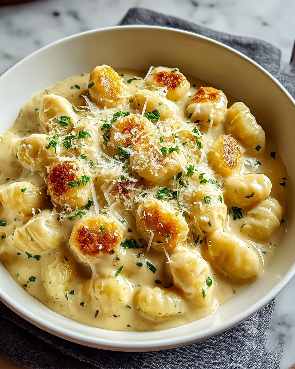 A close-up image of a white bowl filled with creamy gnocchi in a rich, pale yellow sauce. The gnocchi pieces are golden brown on top with a light crust from baking or searing, scattered evenly all over. Small green herb bits, likely parsley, are sprinkled on top for color contrast. The sauce looks smooth and thick, coating the gnocchi well and pooling slightly at the edges. The bowl sits on a soft-colored fabric over a white marbled surface. photo taken with an iphone --ar 4:5 --v 7