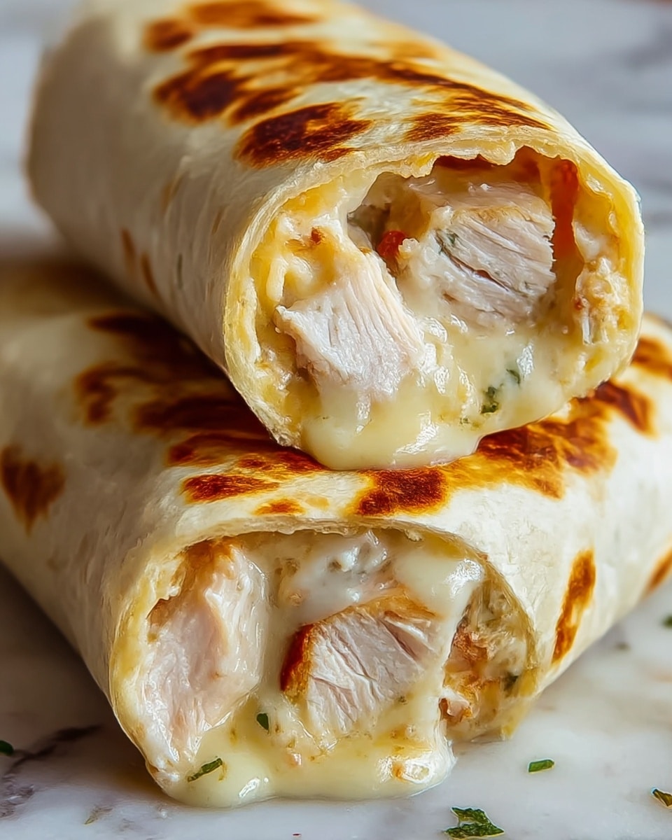 The image shows two grilled chicken and cheese wraps stacked one on top of the other. Each wrap has a soft, lightly browned white tortilla with crisp grill marks. Inside, there are thick pieces of grilled chicken with a light golden exterior, surrounded by gooey melted cheese that is creamy and slightly oozing out. Small green herb bits are sprinkled on top of the wraps, adding a touch of color contrast. The wraps rest on a white marbled textured surface. photo taken with an iphone --ar 4:5 --v 7
