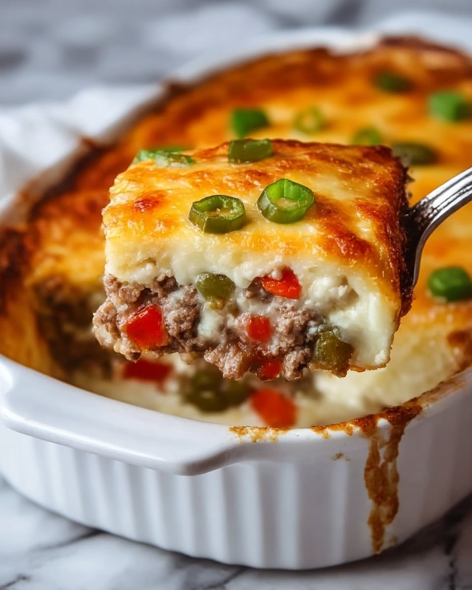 A close-up view of a white ceramic round dish filled with a baked casserole. The top layer is golden brown and slightly crispy, sprinkled with green onion slices. A metal spatula lifts a square piece showing layers inside: a creamy white cheese layer on top, followed by a thick layer of cooked ground beef mixed with small bits of red and green peppers, and another creamy white cheese layer at the bottom. The casserole has a rich, gooey texture with browned edges, sitting on a white marbled surface. photo taken with an iphone --ar 4:5 --v 7