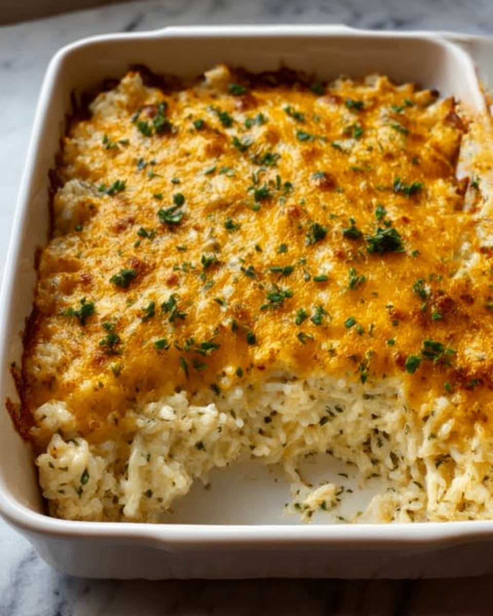 A close-up of a white ceramic baking dish filled with a creamy rice casserole. The dish has three visible layers: at the bottom, soft cooked rice with a light beige color; above that, a thick layer of creamy sauce mixed with cheese, visible as a smooth pale yellow layer; on top, a golden-brown melted cheese crust sprinkled with small pieces of chopped green herbs. The casserole appears hot and freshly baked, with a portion scooped out from one side, revealing the layers. The background is a white marbled surface. Photo taken with an iphone --ar 4:5 --v 7