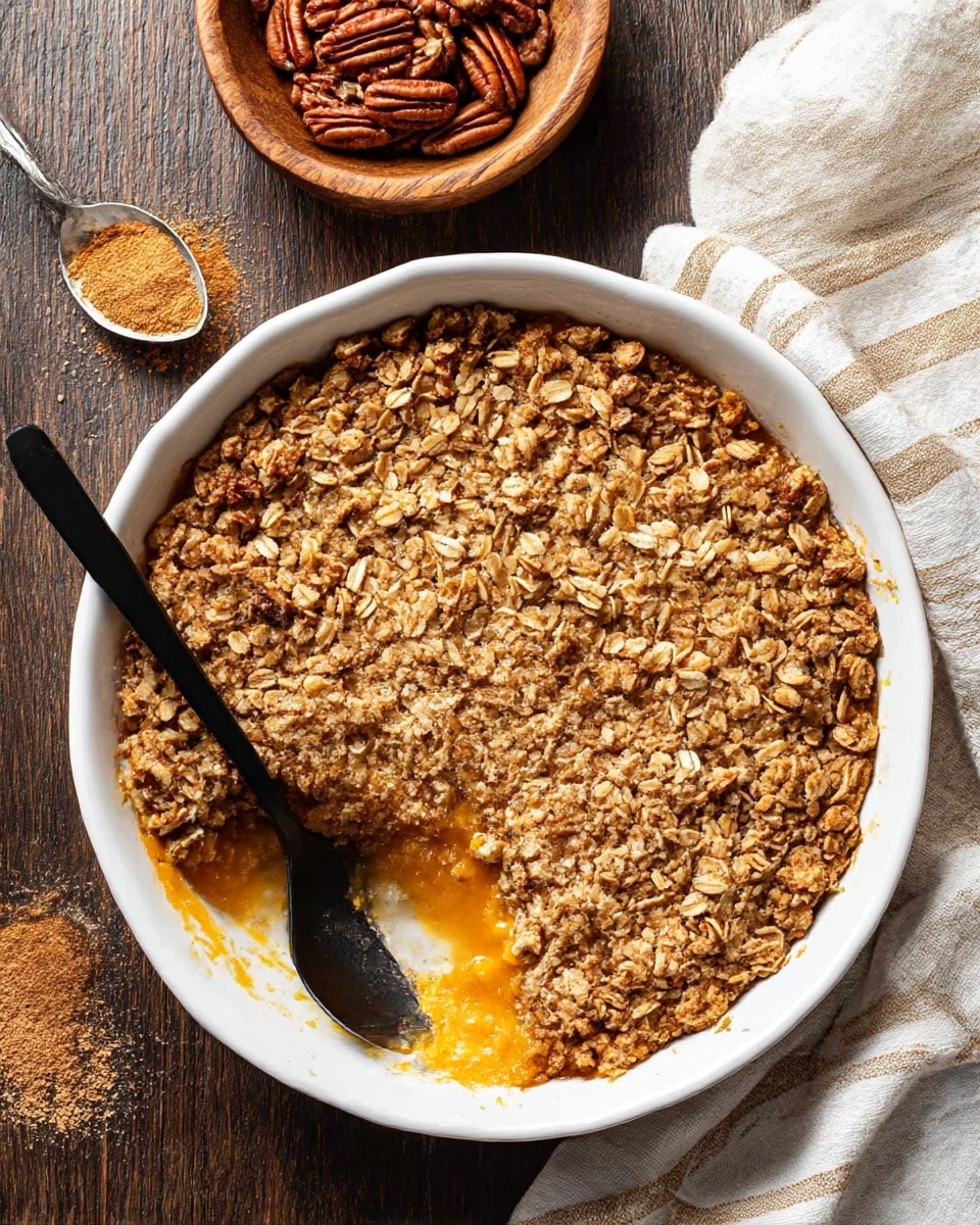The image shows a round white ceramic dish filled with a baked dessert that has two visible layers: the bottom layer is a soft, moist orange filling, and the top layer is a golden-brown crumbly oat topping mixed with small pieces of nuts giving it a rough texture. A black spoon is partially inserted into the dessert, scooping out some of the bottom layer, with crumbs scattered along the edge of the dish. In the background, there is a wooden bowl filled with pecans and a white spoon holding cinnamon powder placed on a dark brown wooden table, which is covered slightly by a cloth with gray stripes, all set on a white marbled surface. Photo taken with an iphone --ar 4:5 --v 7