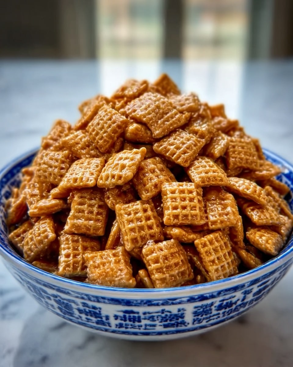 A white bowl with blue patterns holds many golden-brown square cereal pieces with a shiny, sticky coating, piled high and filling the bowl almost to the top. The cereal pieces have a grid texture and look crunchy and sweet. The bowl sits on a white marbled surface with soft natural light coming from the background. Photo taken with an iphone --ar 4:5 --v 7