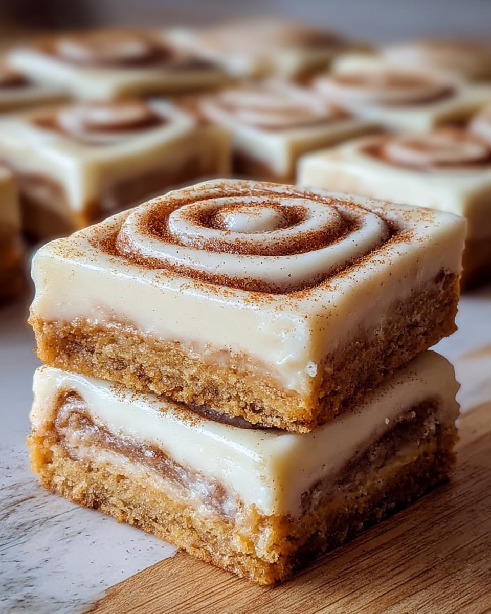 The image shows two square cinnamon rolls stacked on top of each other on a wooden surface with a white marbled texture behind. Each roll has three visible layers: a base layer of golden brown baked dough with a crumbly texture, a middle layer of light brown cinnamon filling swirled evenly within the dough, and a thick top layer of creamy, white icing with a smooth surface decorated by a spiral pattern of cinnamon powder. The background has several more cinnamon rolls out of focus, creating depth. Photo taken with an iphone --ar 4:5 --v 7