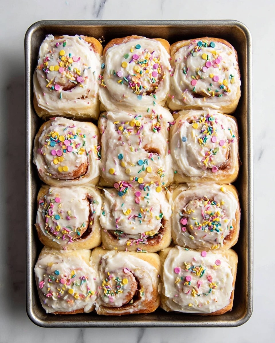 A metal baking tray holds twelve square cinnamon rolls arranged in a 3 by 4 grid on a white marbled surface. Each cinnamon roll has two visible layers: a light brown baked dough base with a soft swirl texture, topped with a thick, creamy white frosting that looks smooth and slightly glossy. The frosting is sprinkled evenly with round, colorful confetti sprinkles in pastel shades of pink, yellow, blue, green, and purple. The edges of the cinnamon rolls are golden brown, and the frosting covers the top almost entirely with some spots showing the spiral pattern of the dough beneath. photo taken with an iphone --ar 4:5 --v 7