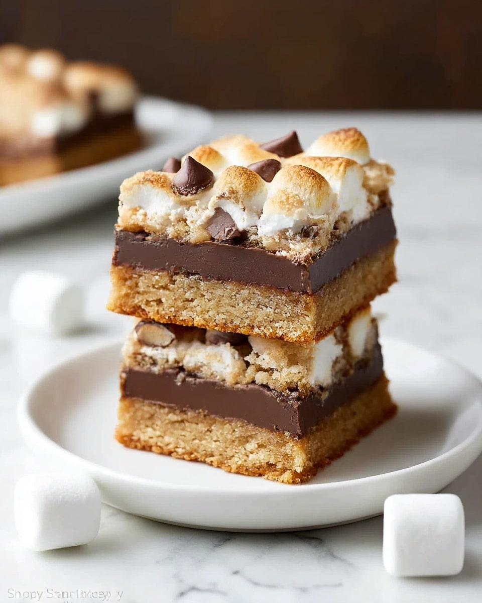 The image shows two square dessert bars stacked on a small white plate, placed on a white marbled surface. Each bar has three layers: a thick, golden-brown base layer with a soft crumb texture, a middle dark brown smooth chocolate layer, and a top layer made of golden-baked, gooey marshmallow mixed with bits of melted chocolate chips scattered unevenly. The top layer looks slightly cracked and toasted. There are a couple of small marshmallows next to the plate on the surface. Photo taken with an iphone --ar 4:5 --v 7