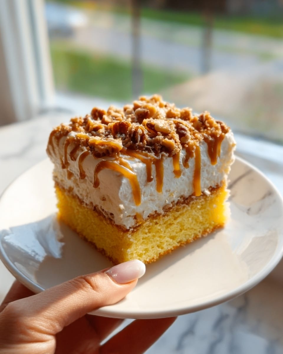 The image shows a square piece of layered cake held by a woman's hand against a white marbled surface. The cake has three visible layers: the bottom layer is a soft yellow sponge cake, the middle layer is a creamy white frosting, and the top layer is covered with chopped nuts and a drizzle of caramel sauce. The cake is placed on a simple white plate with soft natural light coming from a window in the background. photo taken with an iphone --ar 4:5 --v 7