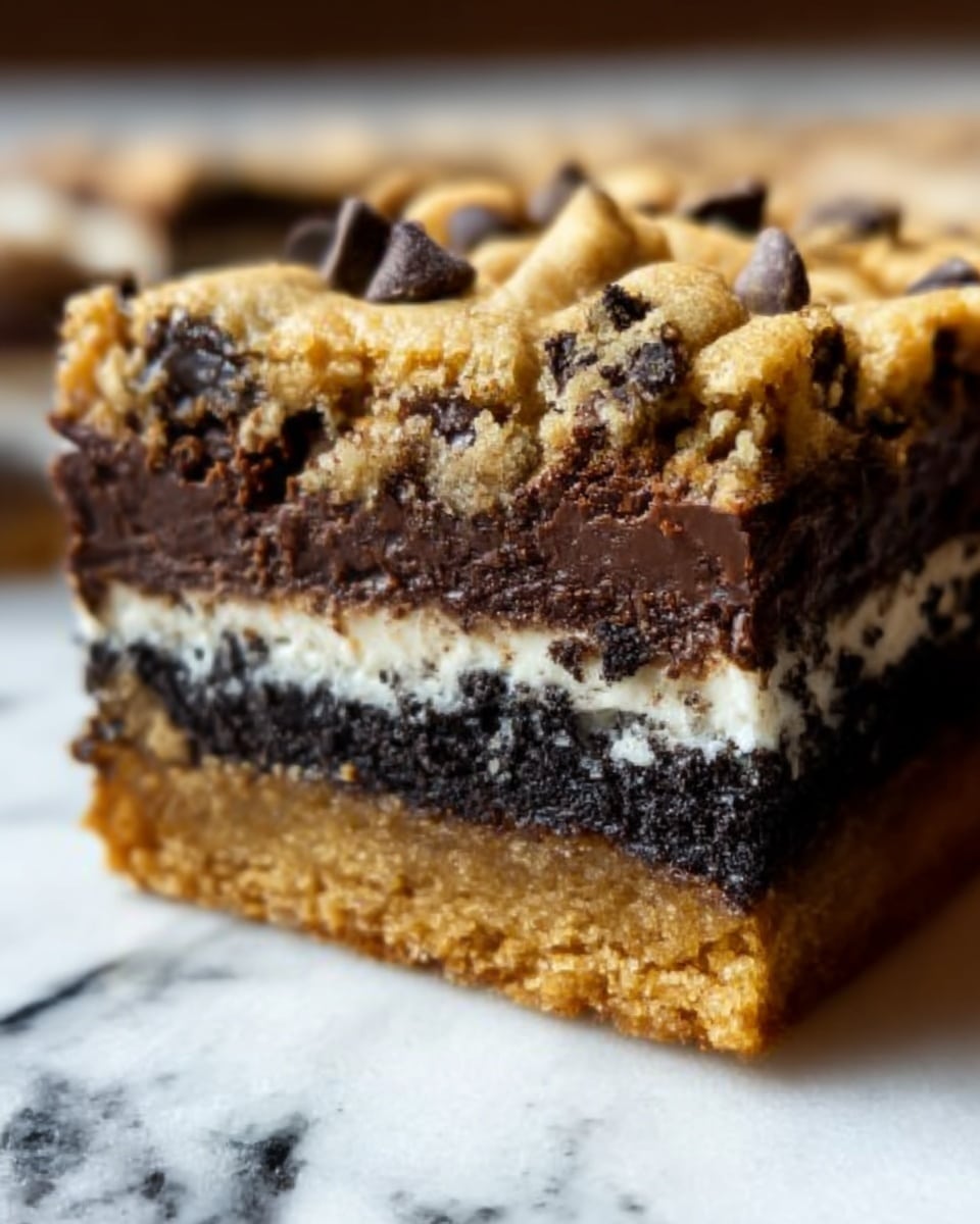 The image shows a close-up of a thick, multi-layered dessert bar sitting on a white marbled surface. The bottom layer is a golden brown cookie dough base with a slightly crumbly texture. Above that is a thick, dark chocolate brownie layer with a rich, dense look. A thin white cream layer with dark cookie crumbs is sandwiched next, giving a creamy contrast. The top layer is a chunky, golden cookie dough mixed with chocolate chips, adding texture and color variation. The edges of the dessert bar are sharp and clean, highlighting the distinct layers clearly. Photo taken with an iphone --ar 4:5 --v 7