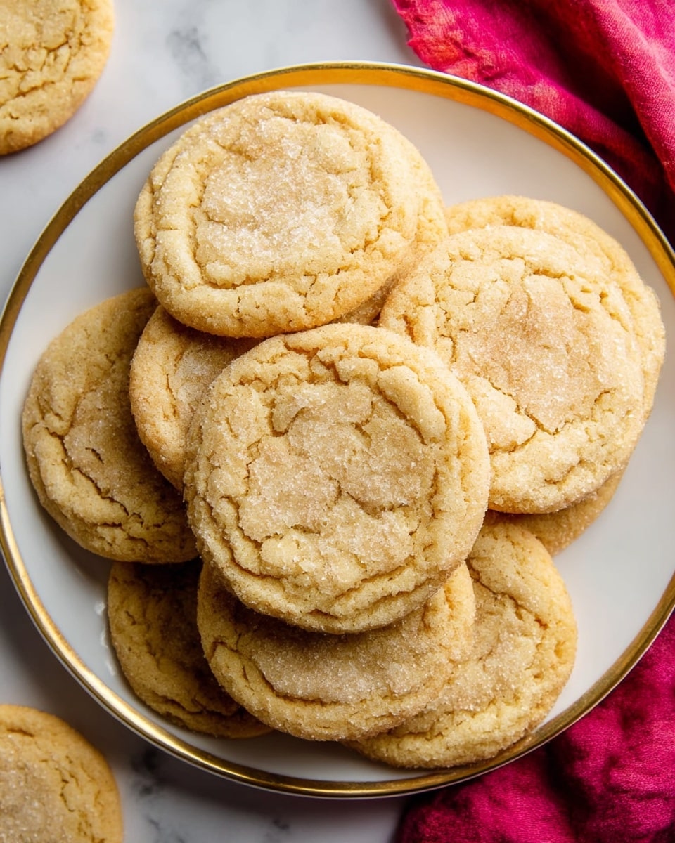 A white plate with a golden rim holds a stack of round sugar cookies, each cookie showing a light golden brown color with visible cracks on the surface. The cookies have a slightly rough texture sprinkled with granulated sugar that reflects light. The cookies are arranged in a pile, overlapping each other in an inviting way. The plate rests on a white marbled surface, with a bright reddish-pink cloth nearby adding a pop of color. Photo taken with an iphone --ar 4:5 --v 7