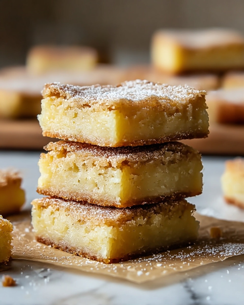 The image shows a stack of four square blondie bars placed on a piece of parchment paper on a white marbled surface. Each blondie bar has a golden-brown top with a slightly crumbly texture and a soft, moist, light yellow inside. The edges of the bars are slightly darker and crisp. A light dusting of powdered sugar is spread lightly across the top blondie and the surface around the stack. The background is softly blurred, showing more blondie bars on the white marbled surface. photo taken with an iphone --ar 4:5 --v 7