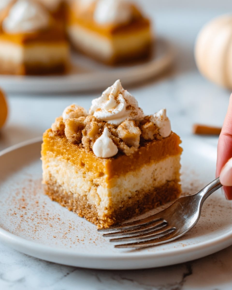 The image shows a close-up of a square piece of layered dessert on a white plate. The dessert has three layers: a dark golden brown crumbly base, a thick orange middle layer with smooth texture, and a top layer with a mix of larger crumb pieces and small chunks of nuts. On top, there are small dollops of light cream and some cinnamon powder sprinkled over. A woman's hand holds a fork resting on the plate, ready to eat. The background is a white marbled surface with a soft focus on an out-of-focus dessert in the back. Photo taken with an iphone --ar 4:5 --v 7