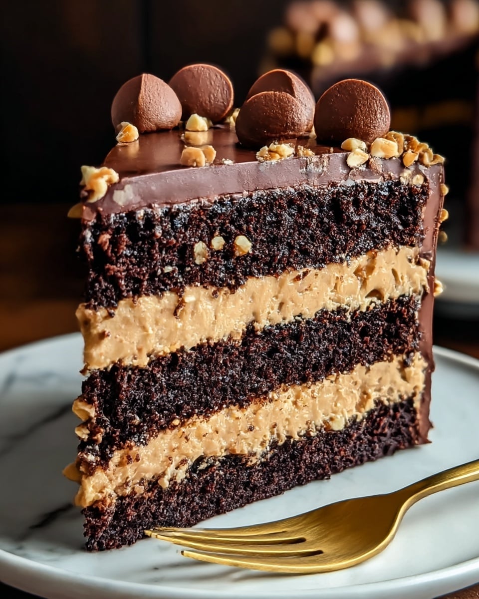 A slice of three-layer chocolate cake is shown on a white plate with a white marbled texture surface. The bottom, middle, and top cake layers are dark, moist chocolate, separated by two thick layers of light brown peanut butter cream. The top of the cake is covered with smooth, glossy dark chocolate ganache, decorated with round dollops of chocolate frosting and sprinkled with chopped peanuts. A golden fork lies next to the plate, and the background is blurred dark brown. Photo taken with an iphone --ar 4:5 --v 7