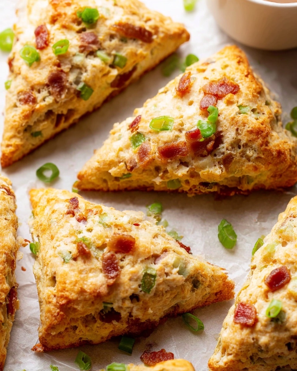 The image shows several triangular scones with a crumbly, golden-brown crust and a slightly rough texture. Each scone has visible bits of green onion and small pieces of reddish-brown bacon mixed into the dough, giving them a speckled, savory look. The scones are arranged on crumpled baking paper placed on a white marbled surface, with some green onion pieces scattered around for garnish. The edges of the scones appear slightly crispy, contrasting with the softer, dense interior. photo taken with an iphone --ar 4:5 --v 7