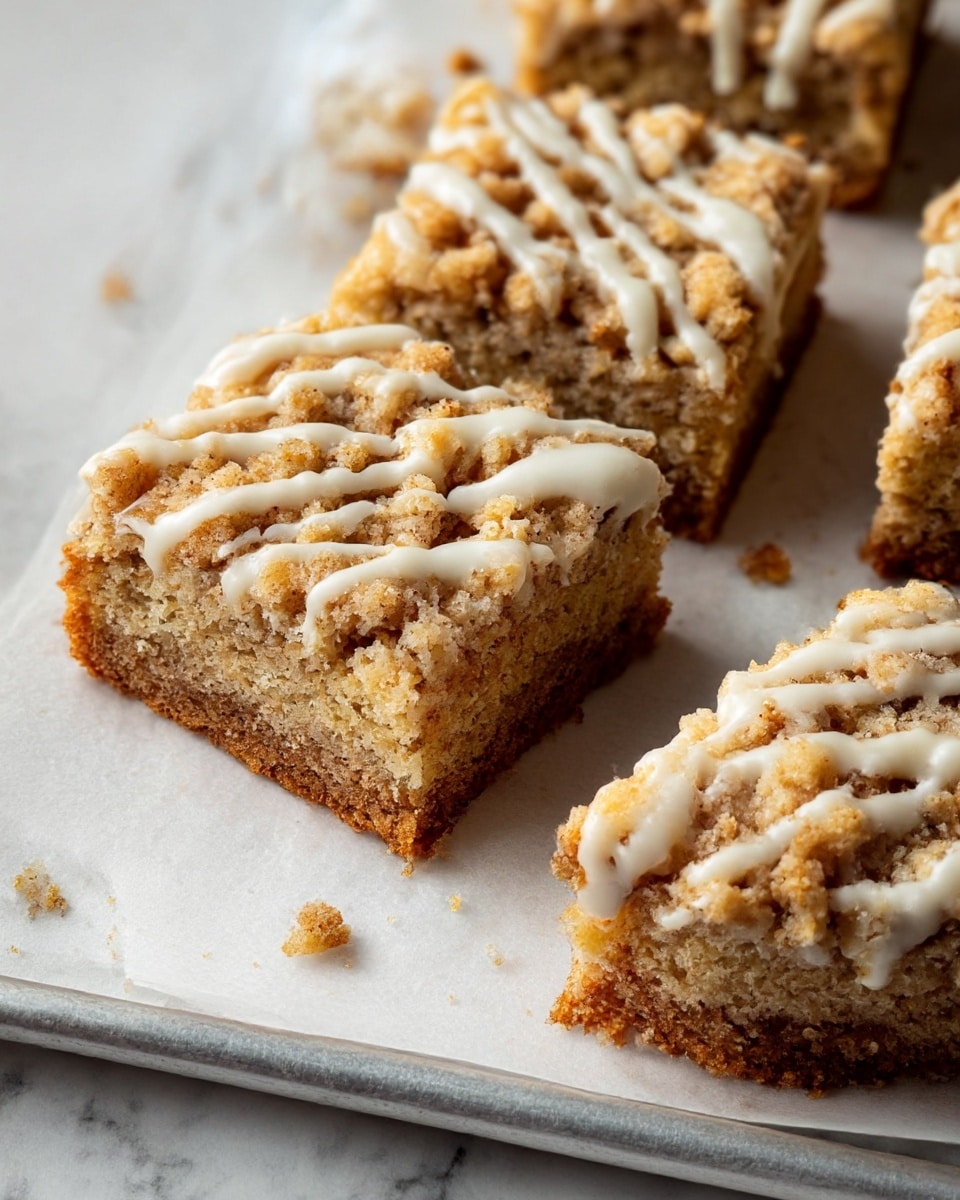 The image shows several square crumb cake pieces on a white parchment paper-lined tray placed on a white marbled surface. Each piece has two main layers: a thick, soft-looking brown base layer with a coarse, crumbly texture, and a thick golden crumb topping that appears crunchy and uneven. The crumb layer is drizzled with a white glaze that forms thin irregular lines across the top, adding a shiny texture contrast. The crumb cake edges are slightly rough, and crumbs are scattered around the tray, giving a fresh, homemade feel. Photo taken with an iphone --ar 4:5 --v 7