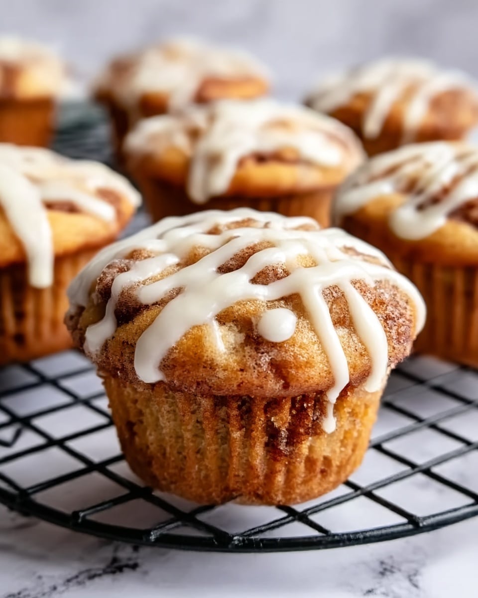 The image shows a close-up view of a single cinnamon roll muffin with cream cheese glaze on top. The muffin has a golden brown color with a slightly rough texture showing swirls of cinnamon within. The creamy glaze is drizzled unevenly over the top, adding a smooth white layer with shiny highlights. In the background, several similar muffins are slightly blurred, all on a round black cooling rack resting on a white marbled surface. The focus is sharp on the front muffin, showing detailed texture of the dough and glaze. Photo taken with an iphone --ar 4:5 --v 7