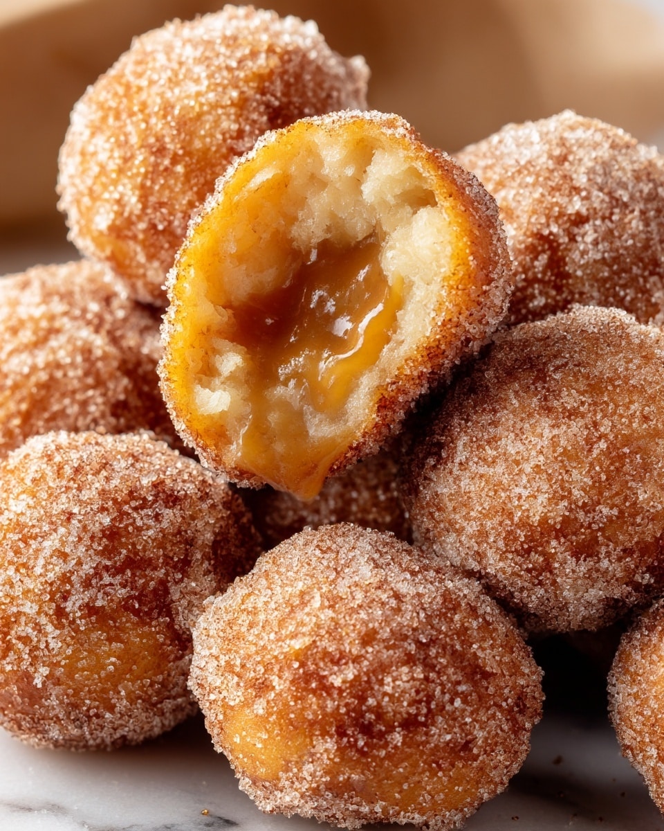A close-up of several small round fried dough balls coated evenly with a golden-brown layer of cinnamon sugar, giving them a rough sugary texture. One dough ball is broken open at the top, revealing a glossy, sticky caramel filling inside that contrasts with the crunchy outer layer. The dough balls sit closely piled on a white marbled surface, highlighting their warm brown tones and sugary coating. Photo taken with an iphone --ar 4:5 --v 7