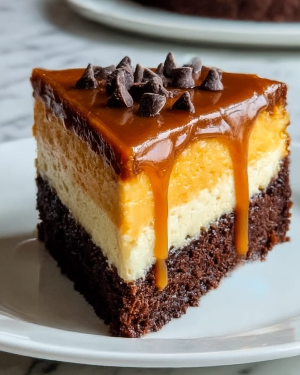 A slice of three-layer dessert on a white plate sits on a white marbled surface. The bottom layer is dark brown and dense, looking like rich chocolate cake. The middle layer is creamy and light orange, smooth and thick. On top, a shiny caramel sauce drips over the sides, adding a glossy amber color. Small dark chocolate chips are sprinkled on the caramel, adding texture and a little contrast. The slice is cut cleanly, showing the clear separation of the three layers. Photo taken with an iphone --ar 4:5 --v 7