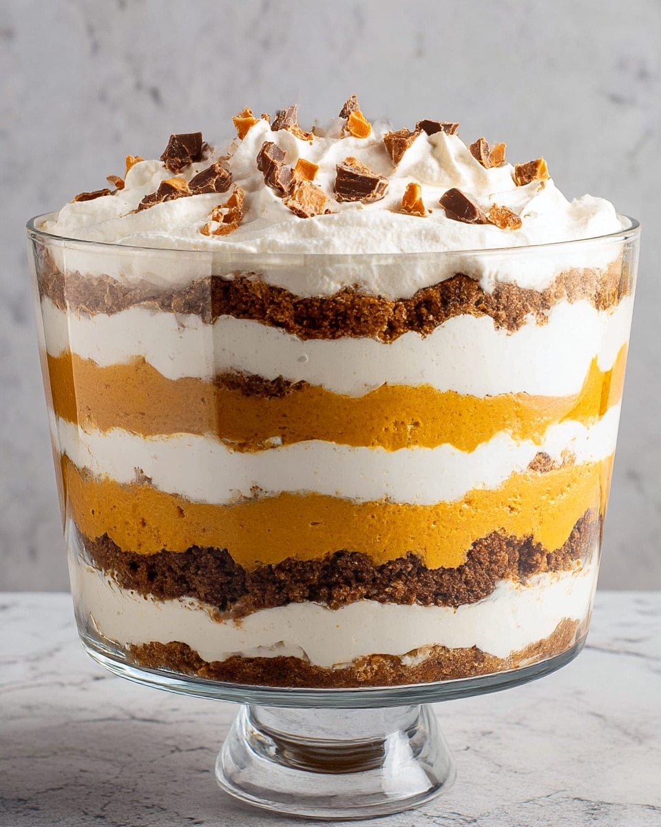 A tall clear glass bowl shows a layered dessert with five visible layers. From the bottom, the first layer is a dark brown cake base with a soft crumbly texture. Above it is a thick, smooth orange pumpkin mix, followed by a thick white cream layer that is fluffy and dense. Next is another thin dark brown cake layer with the same crumbly texture. A second thick pumpkin layer sits on that, topped with a final thick fluffy white cream layer that covers the top with soft peaks. On the top, small pieces of brown and orange chopped chocolate or candy bits are scattered. The bowl is set against a white marbled textured background. photo taken with an iphone --ar 4:5 --v 7