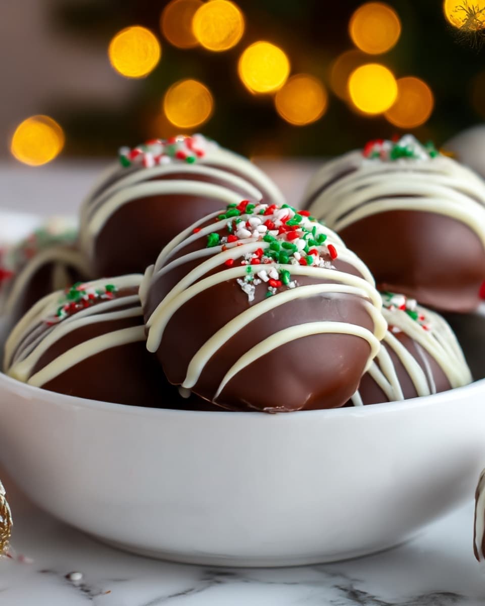The image shows a white bowl holding round chocolate treats, each covered in smooth dark chocolate and decorated with white chocolate drizzles. On top of the white chocolate drizzle, there are small red, green, and white sprinkles scattered. The bowl sits on a white marbled surface with blurred lights in the background adding a warm glow. photo taken with an iphone --ar 4:5 --v 7