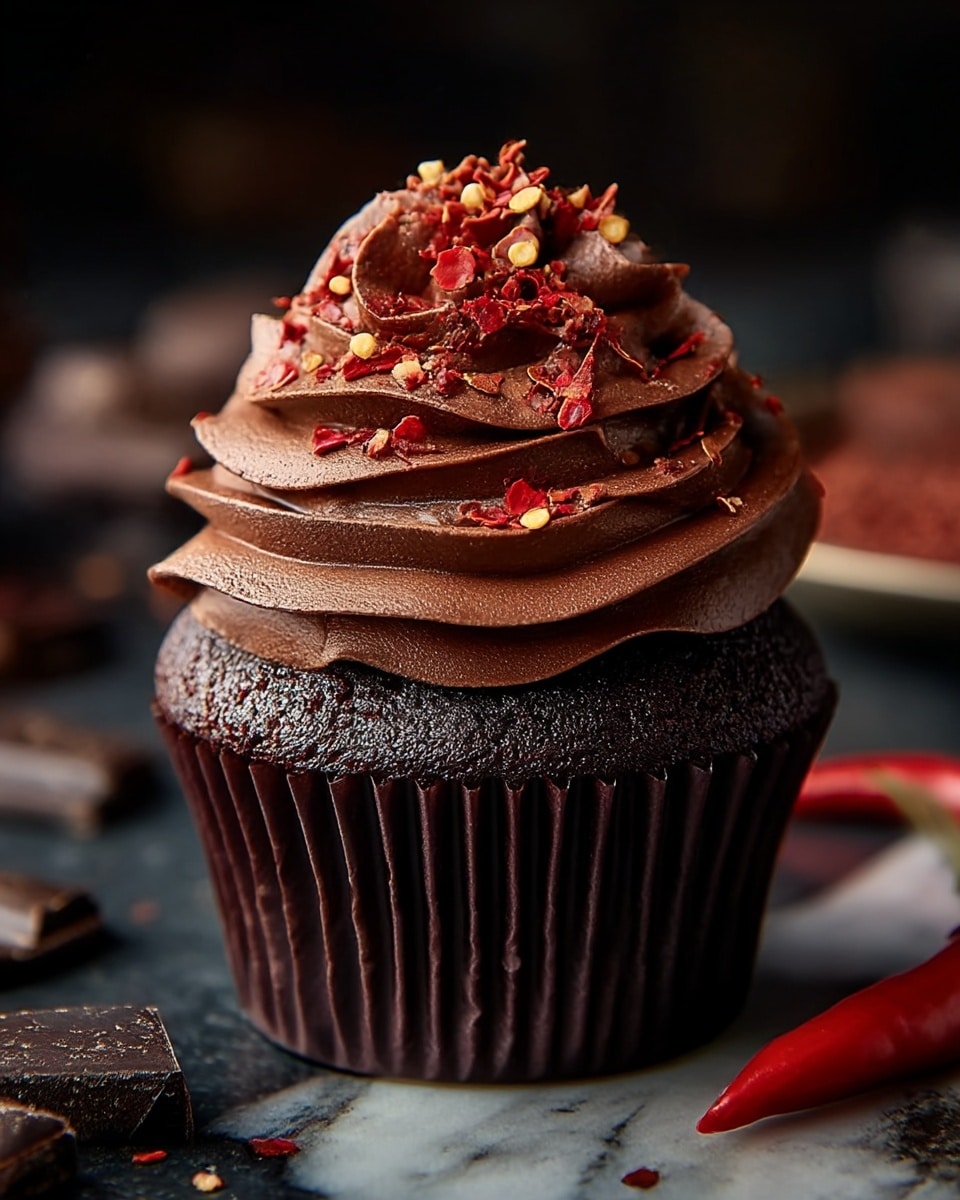 A single chocolate cupcake is shown sitting on a dark surface with a white marbled texture, with a smooth, deep brown chocolate cake base wrapped in a dark brown paper liner. On top, there are thick, swirled layers of rich, creamy chocolate frosting that build up into a high peak. Sprinkled on the frosting are bright red chili flakes with tiny yellow seeds, adding a pop of color and texture contrast. The background is softly blurred with dark tones and includes some scattered chocolate pieces and a red chili for context. photo taken with an iphone --ar 4:5 --v 7