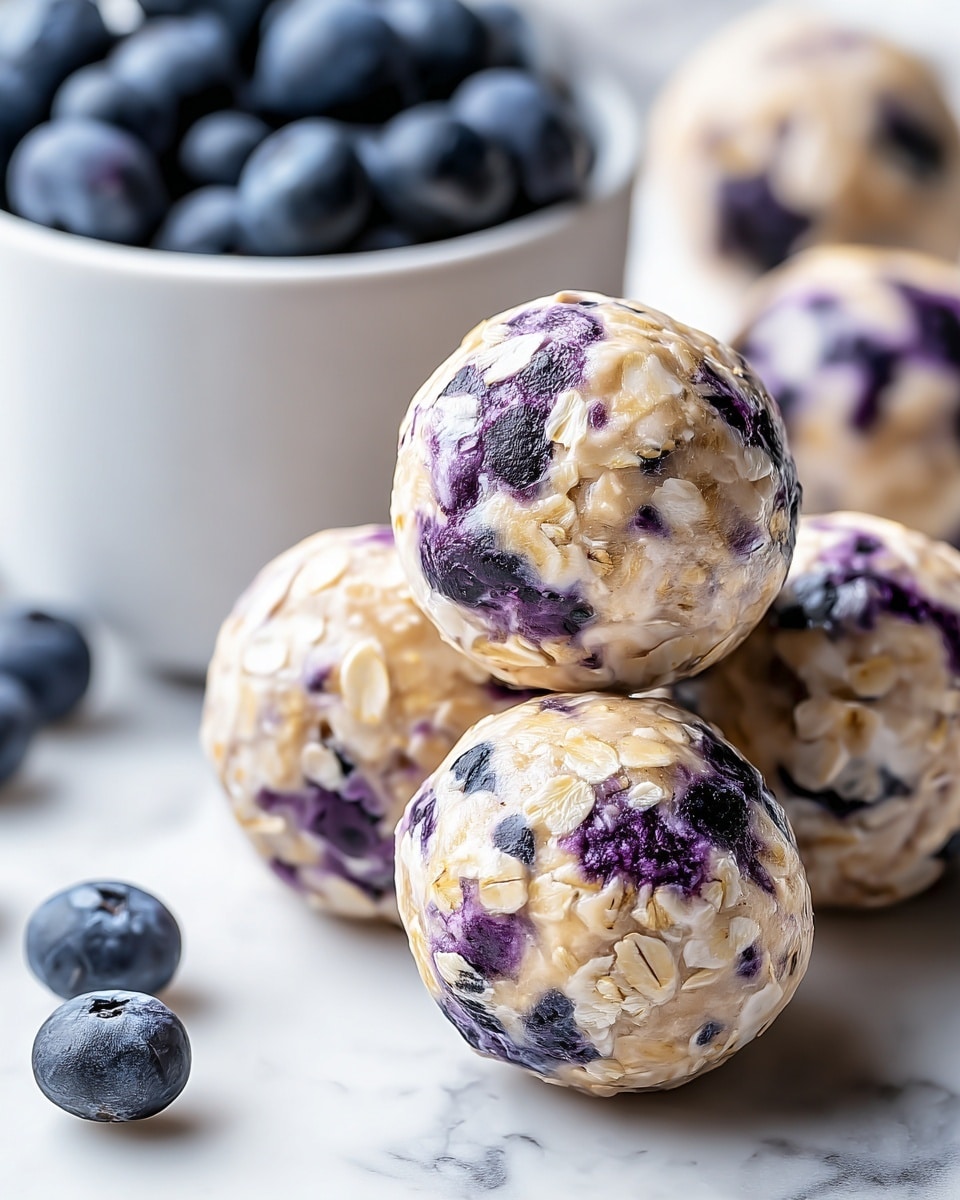 The image shows several round balls made of oats and blueberries, covered lightly with a glossy coating. Each ball has a mix of light beige oats and purple blueberry spots, giving a textured look with some blueberries visible inside. They are clustered together on a surface with a white marbled texture, with a white bowl of fresh blueberries in the background and a few loose blueberries nearby. The overall look is fresh and colorful with a clear focus on the detailed texture of the oat and blueberry balls. photo taken with an iphone --ar 4:5 --v 7